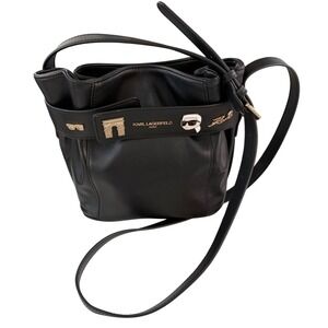 Karl Lagerfeld Paris Black Leather Crossbody Bucket Bag Charms L5GEB4EG New